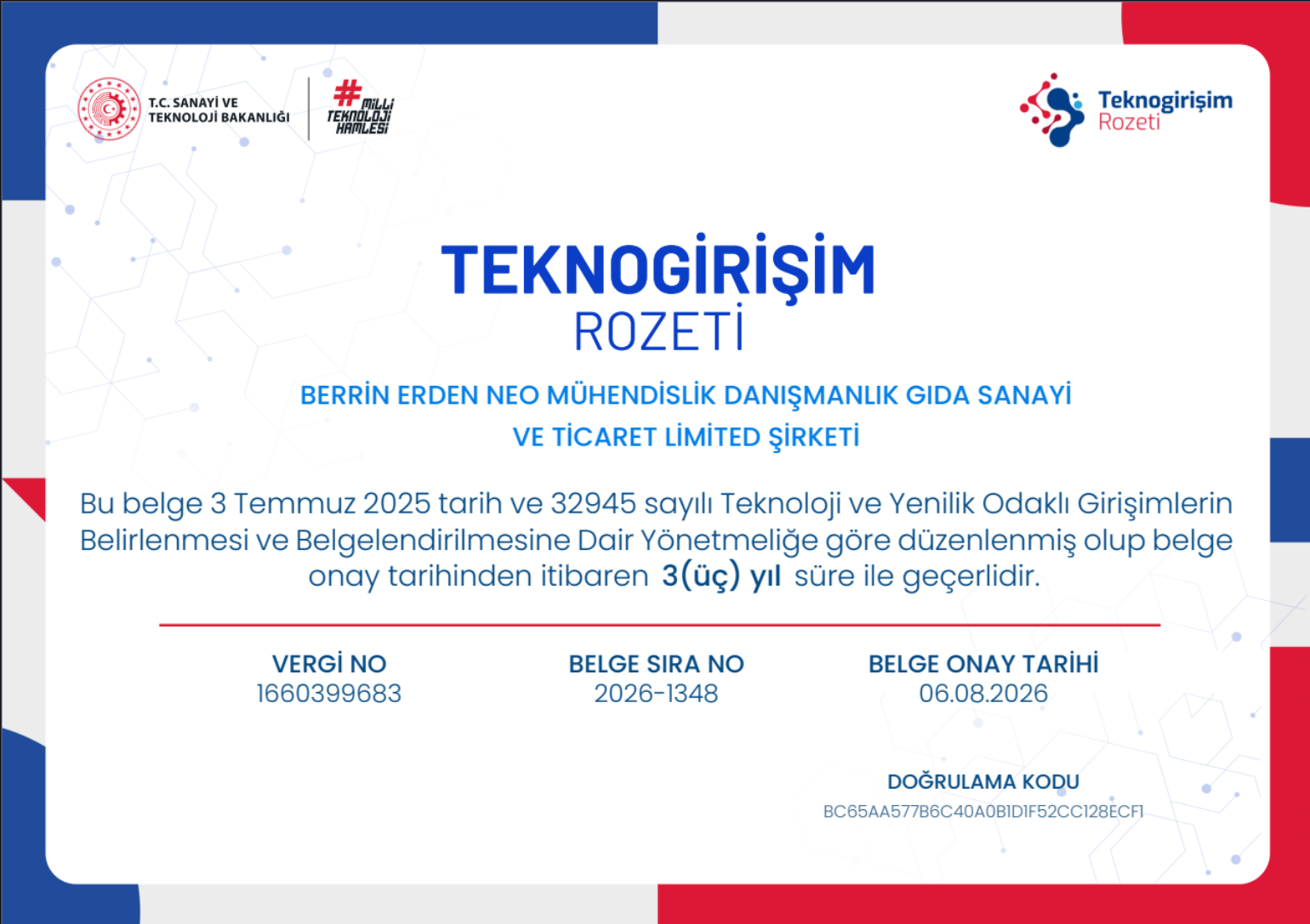 T.C. Sanayi ve Teknoloji Bakanlığı Teknogirişim Rozeti